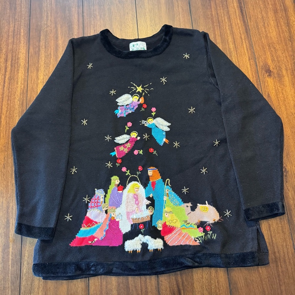 The Quaker Factory Vintage Christmas Nativity Scene Beaded Sweater Size‎ Large